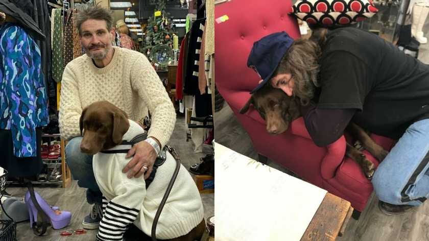  A homeless guy cries tears after a happy reunion with his missing Labrador.